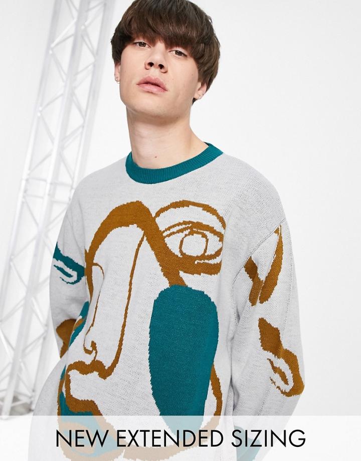 Asos Design Knitted Oversized Sweater With Handrawn Pattern-multi