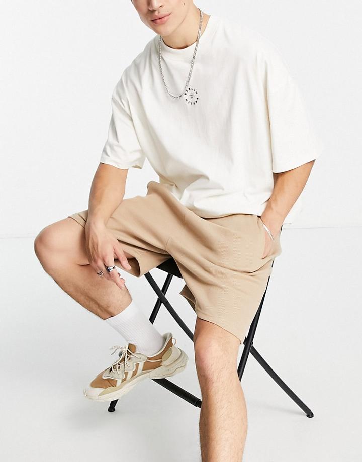 The Couture Club Logo Ribbed Shorts In Beige - Part Of A Set-white