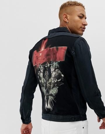 Religion Fanatic Back Print Denim Jacket - Gray