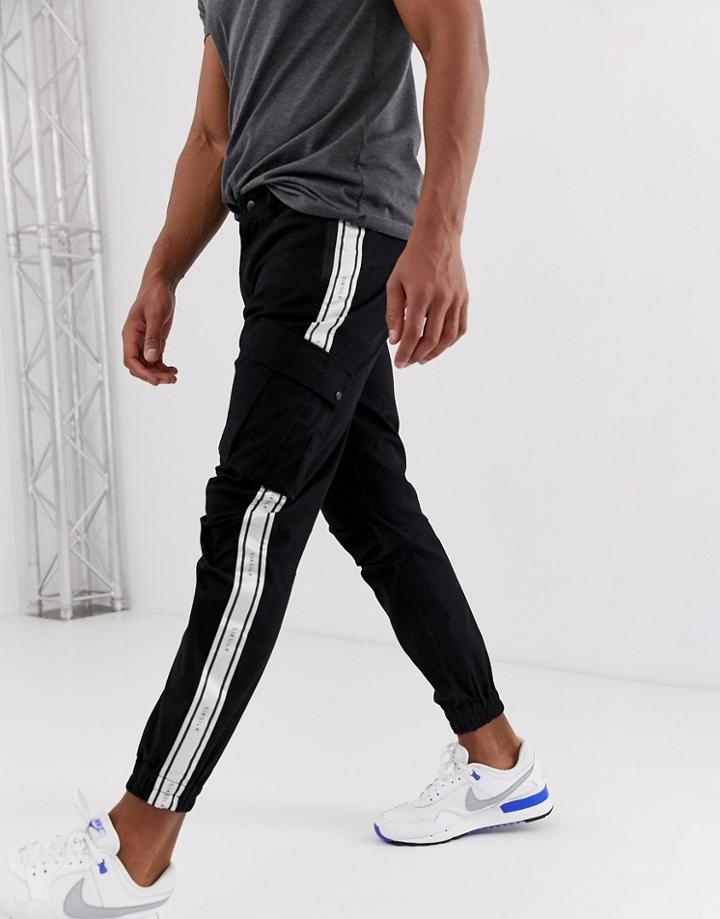 Siksilk Cargo Pants In Black With Side Stripe - Black