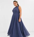 Asos Design Curve Maxi Dress With 3d Floral Embellished Neckline-blue