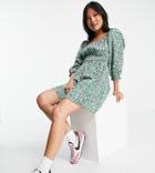 New Look Petite Floral Square Neck Ruched Mini Dress In Green Pattern