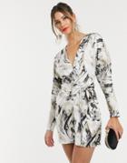 Asos Design Mini Dress With Batwing Sleeve And Wrap Waist In Satin In Abstract Print - Multi