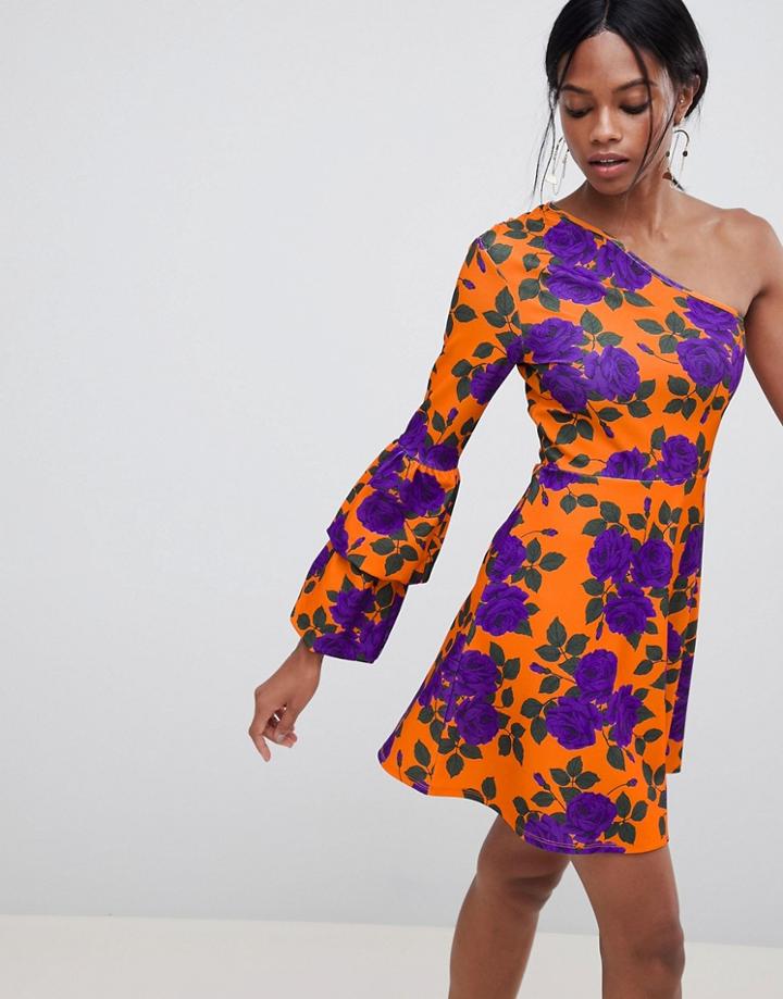 Asos Design One Shoulder Mini Skater Dress With Double Bubble Sleeve - Multi