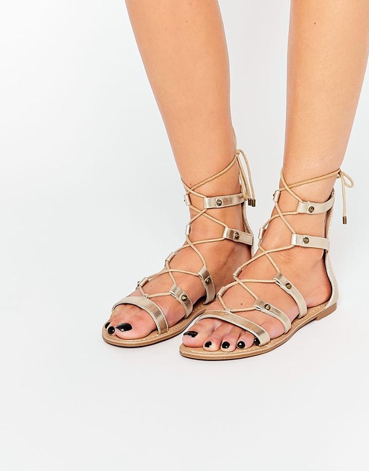 Call It Spring Charilyn Champagne Ghillie Lace Up Flat Sandals - Champagne