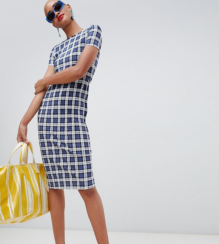 River Island Plisse High Neck Midi Dress In Navy Check - Navy
