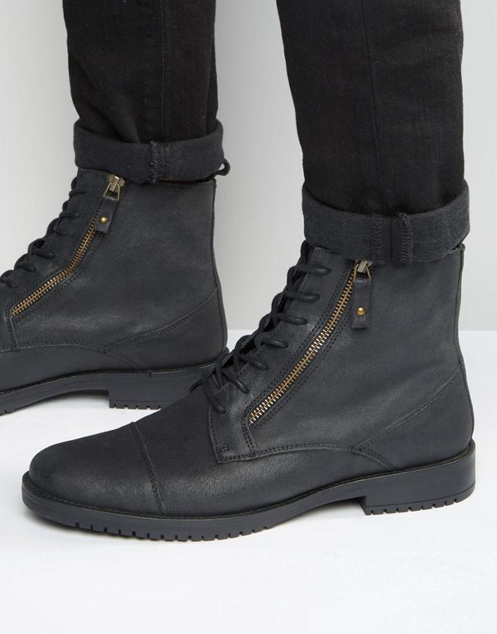 Asos Lace Up Boots In Black Leather With Double Zip - Black