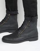 Asos Lace Up Boots In Black Leather With Double Zip - Black