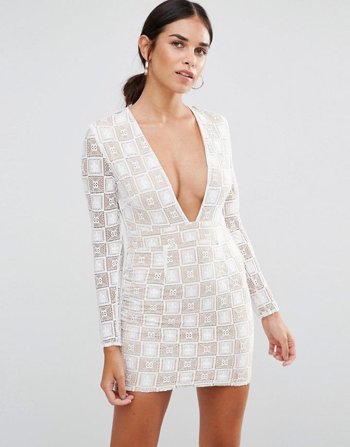Rare Lace Pane Plunge Long Sleeve Mini Dress - White