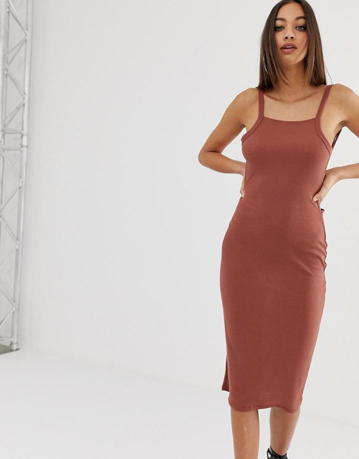 Prettylittlething Ribbed Bodycon Midi Dress In Rust - Gray