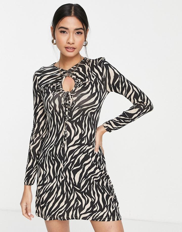River Island Ruched Key Hole Mini Dress In Zebra Print-black