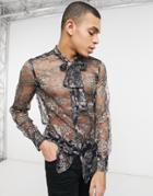 Asos Design Regular Fit Lace Shirt With Tie Neck In Blue And Gold-navy