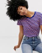 Monki Stripe Organic Cotton T-shirt In Pink And Navy - Multi