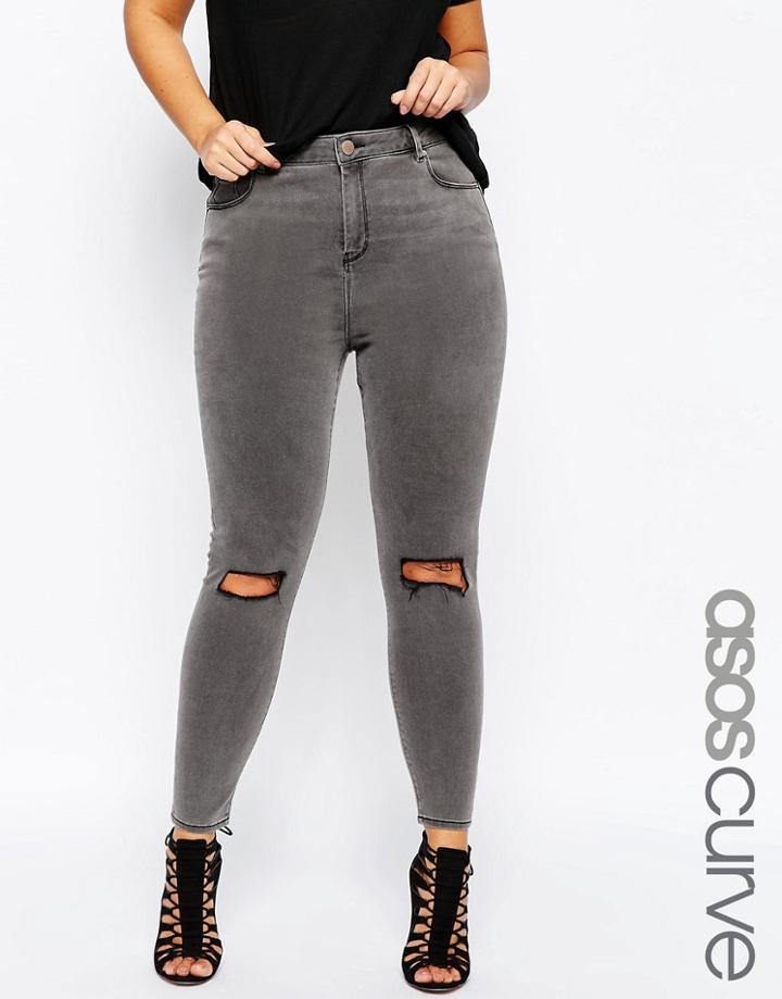 Asos Curve Ridley Skinny Jeans In Slated Gray With Shredded Rips - Washed Gray