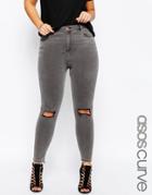 Asos Curve Ridley Skinny Jeans In Slated Gray With Shredded Rips - Washed Gray