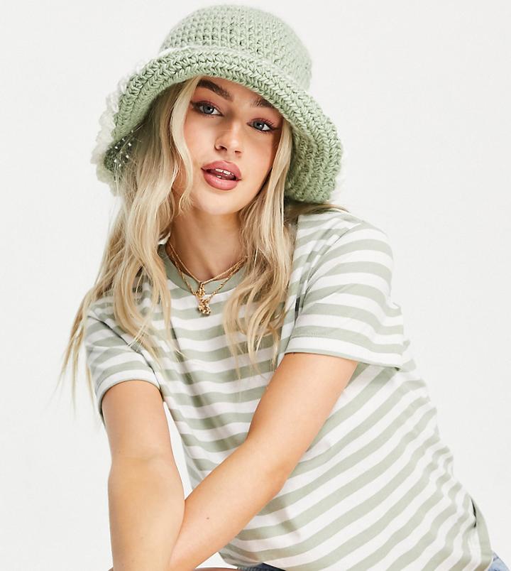Asos Design Petite Boxy T-shirt In White And Sage Stripe-multi