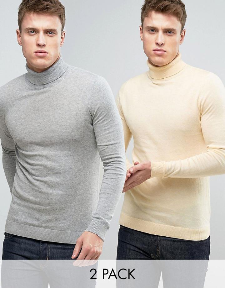 Asos 2 Pack Roll Neck Muscle Fit Sweater In Yellow/ Gray Save - Multi