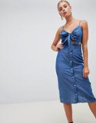 Missguided Denim Tie Front Button Down Midi Dress - Blue