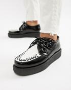 T.u.k Creepers In Black Leather With White Vamp - Black