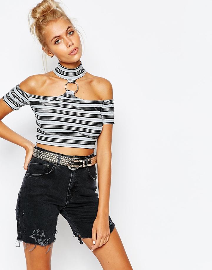 The Ragged Priest Crop Top With Could Shoulder & Ring Detail In Stripe - Stripe