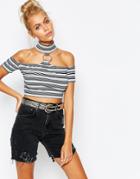 The Ragged Priest Crop Top With Could Shoulder & Ring Detail In Stripe - Stripe