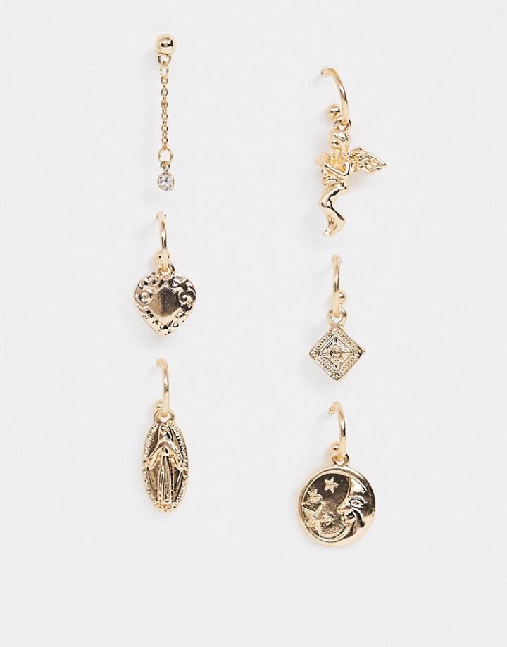 Asos Design Pack Of 6 Single Hoop Earrings With Romantic Charms In Gold Tone