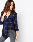 Only Check Shirt With Stud Detail - Navy