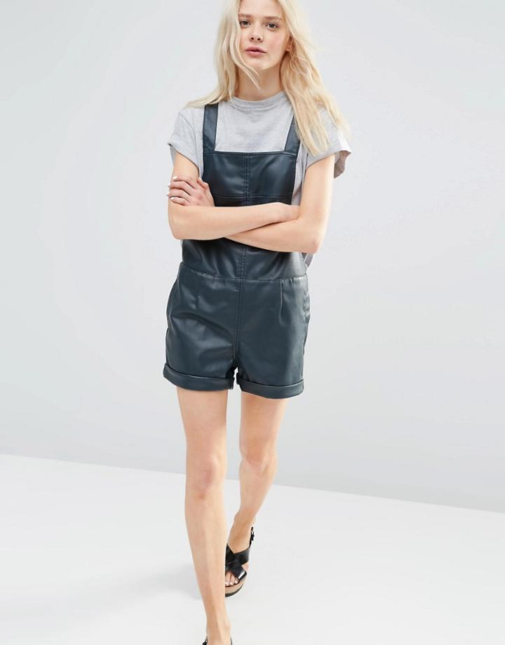 Asos Leather Look Pinafore Romper - Teal