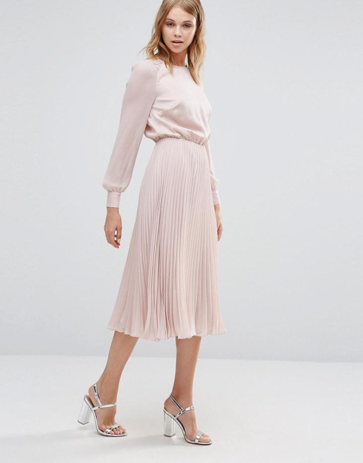Warehouse Satin & Lace Paneled Midi Dress - Pink