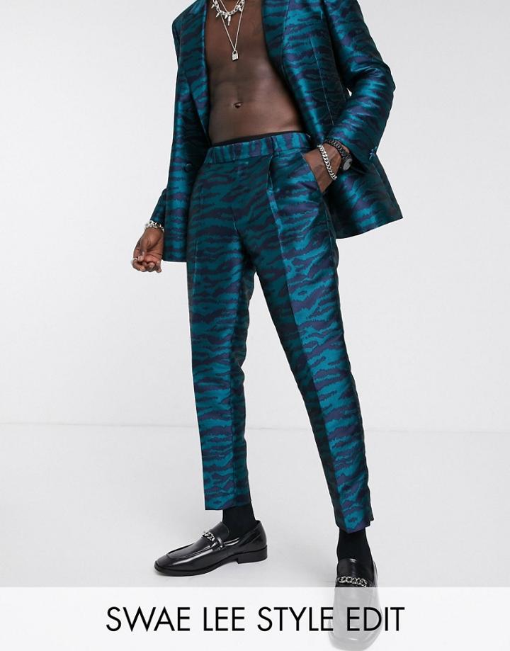 Asos Design Slim Crop Smart Pants In Tiger Stripe Jacquard In Navy