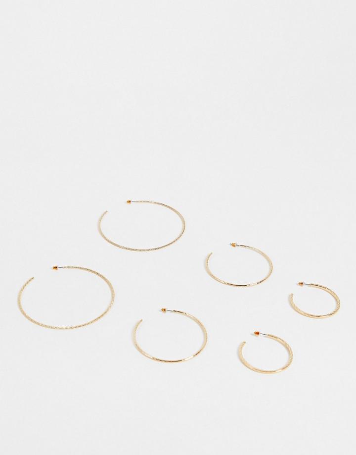 Asos Design Pack Of 3 Skinny Hoop Earrings In Engraved Skinny Design In Gold Tone