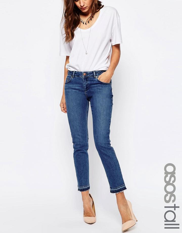 Asos Tall Kimmi Shrunken Boyfriend Jeans With Let Down Hem In Mid Wash Blue - Midwash Blue