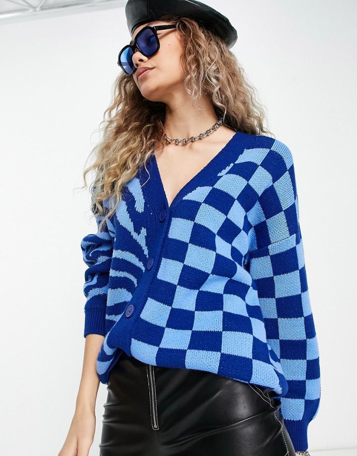 Asos Design Long Line Cardi In Mixed Animal And Check Pattern In Blue-blues