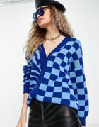 Asos Design Long Line Cardi In Mixed Animal And Check Pattern In Blue-blues