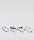 Asos Design Pack Of 4 Faux Turquoise Stone And Mixed Texture Rings - Silver