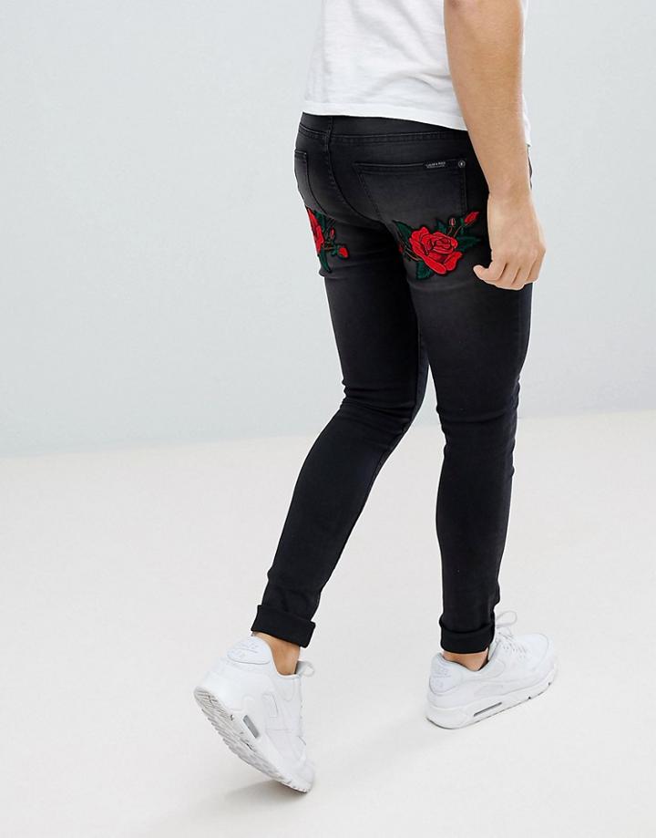 Liquor N Poker Black Wash Rose And Swallow Embroidered Skinny Jeans - Black