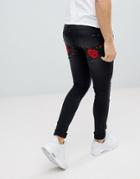 Liquor N Poker Black Wash Rose And Swallow Embroidered Skinny Jeans - Black
