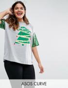 Asos Curve Holidays T-shirt With Sequin Sleeve And Holidays Tree Print