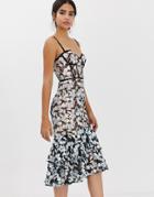 Jarlo All Over Contrast Floral Lace Embroidered Midi Dress With Ruffle Hem Detail In Multi - Multi