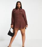 Asos Design Curve Double Cloth Oversized Shirt Dress In Chocolate-brown
