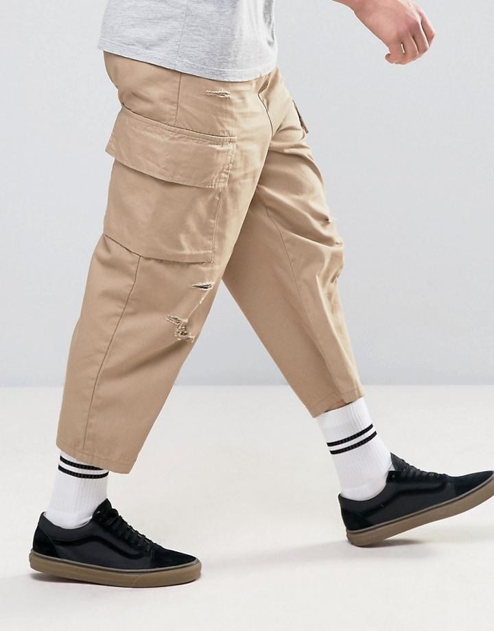 Asos Wide Leg Cropped Cargo Pants With Rip And Repair Details In Sand - Stone