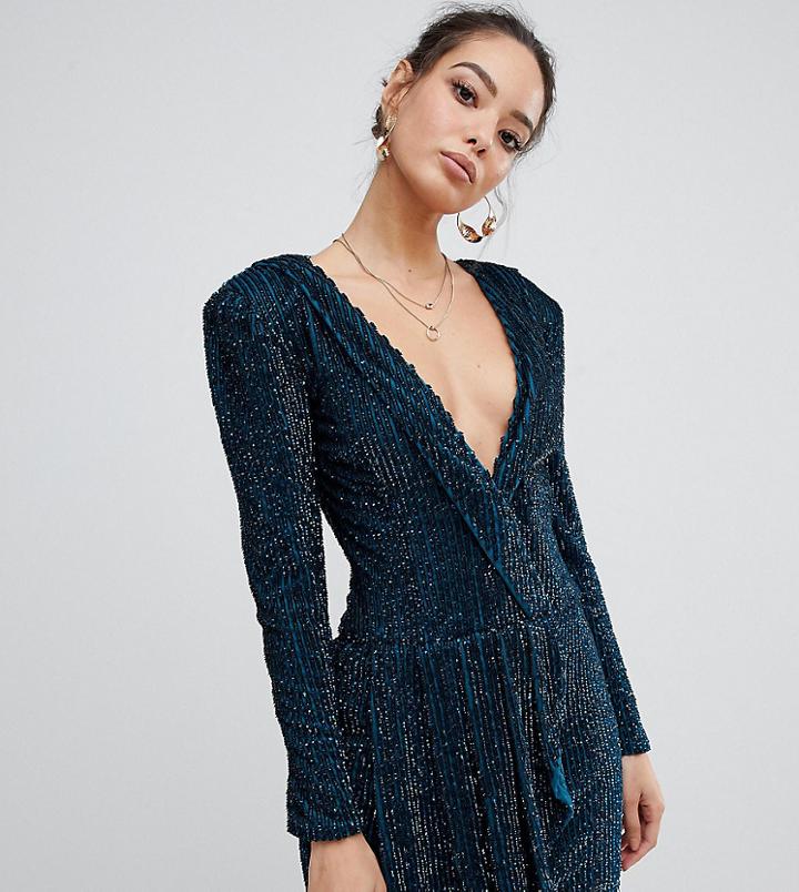 Missguided Peace & Love Embellished Plunge Wrap Dress In Teal - Green