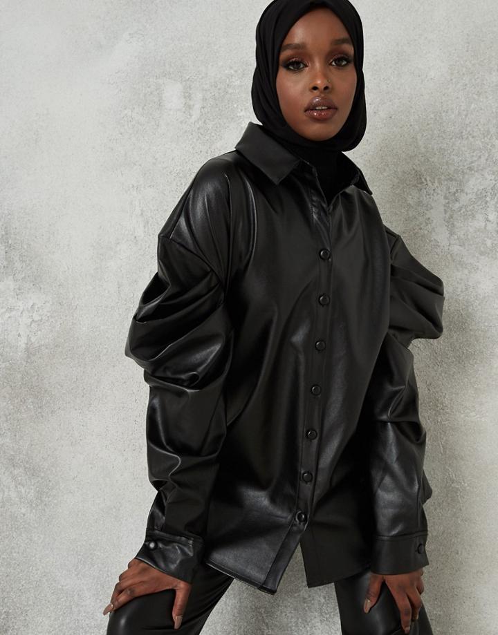 Missguided Pu Shirt With Volume Sleeves In Black