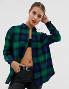 Asos Design Boyfriend Long Sleeve Shirt In Green And Navy Check-multi