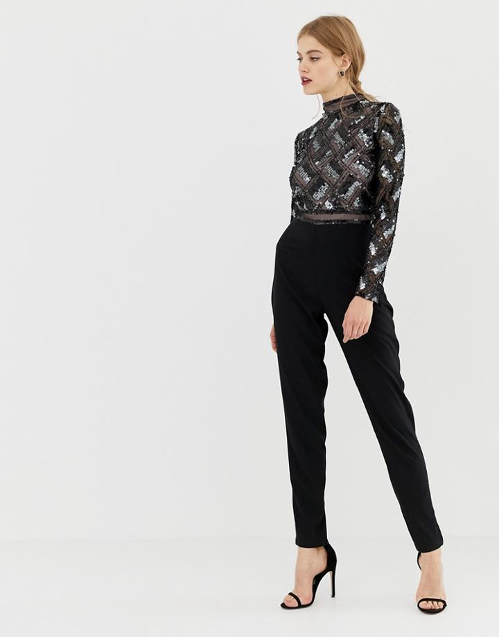 Frock & Frill High Neck Tailored Jumpsuit With Embellished Detail-black