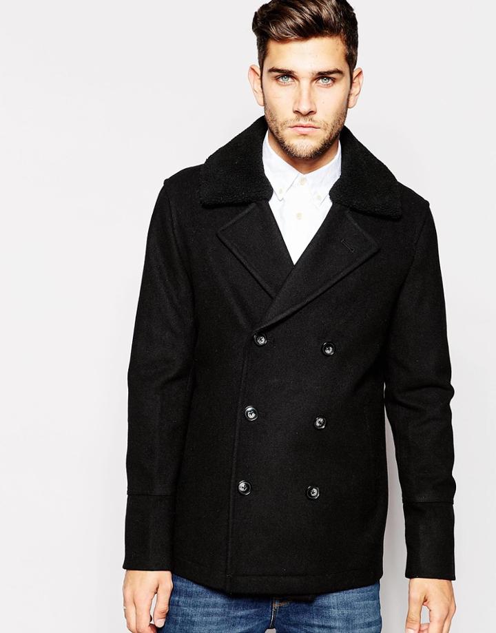Asos Wool Mix Peacoat With Faux Shearling Collar In Black - Black