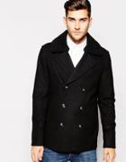 Asos Wool Mix Peacoat With Faux Shearling Collar In Black - Black