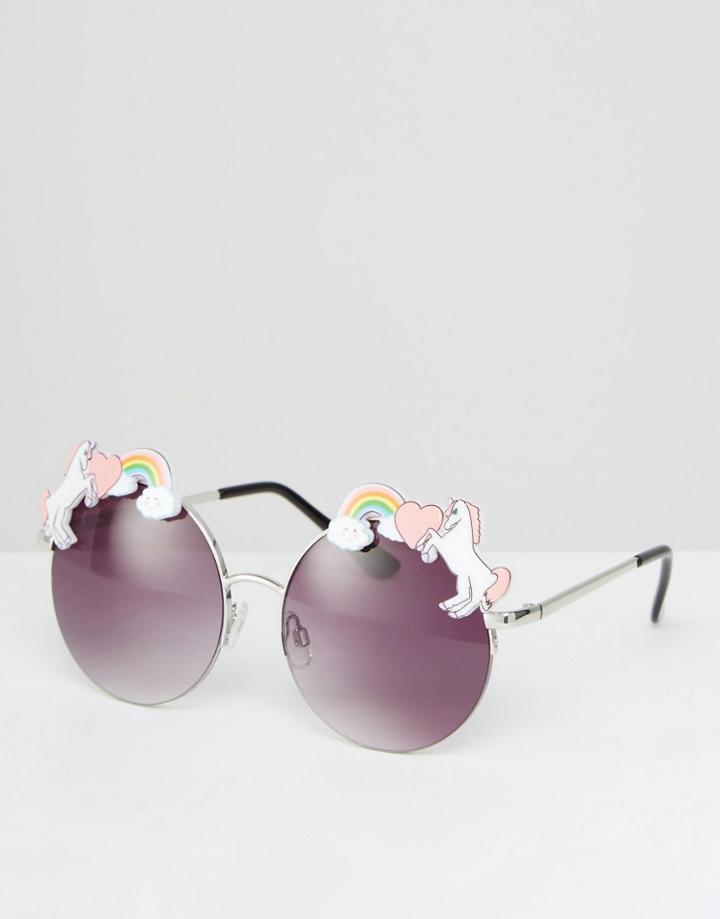 Asos Unicorn Trim Detail Metal Round Sunglasses - Silver