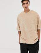 Asos Design Oversized T-shirt With Half Sleeve In Towelling In Beige - Beige