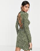River Island High Neck Open Back Mini Dress In Green-black